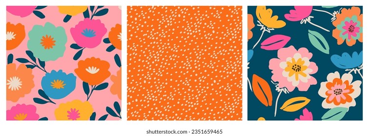 Set of hand drawn tropical flowers, seamless patterns with floral for fabric, textiles, clothing, wrapping paper, cover, banner, interior decor, abstract backgrounds.
