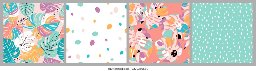 Set of Hand drawn tropical leaf and flowers, polka dot, abstract backgrounds. Seamless patterns with floral for fabric, textiles, clothing, wrapping paper, cover, interior decor.