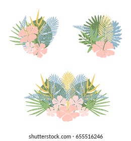 Set of hand drawn tropical leaves and flowers.Vector illustration.