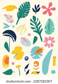 Handgezeichnete tropische Pflanzen und Blumen. Vektorgrafik im Flachstil.