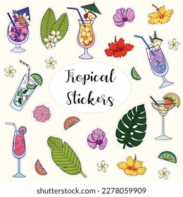 Set of hand drawn tropical stickers: cocktails and drinks,hibiscus, frangipani, orchid, tropical leaves and fruits. Bright Summer design