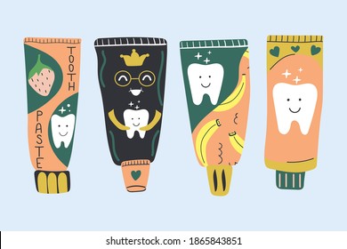Set of hand drawn tubes toothpaste for nursery design. Flat illustration. Dental care concept.