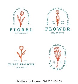 Set of Hand Drawn Tulip Flower Logo. Floral Botanical Emblem Design Collection