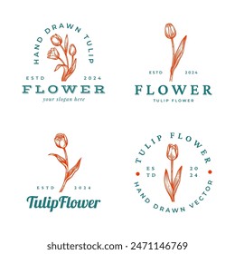 Set of Hand Drawn Tulip Flower Logo. Floral Botanical Emblem Design Collection