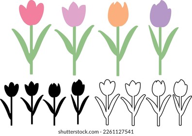 set of hand drawn tulips concept icons in black and white and pastel colors illustration