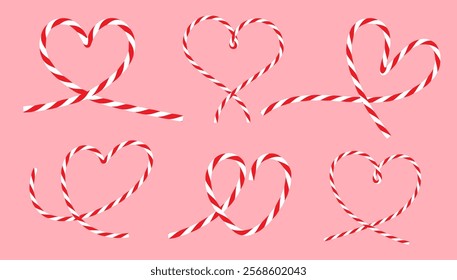 Set of hand drawn twisted cotton rope cord ribbon, candy stripe in the shape of a heart. Isolated element for birthday, valentine's day. Packing string, white red rope bakers twine. Flat Vector EPS10