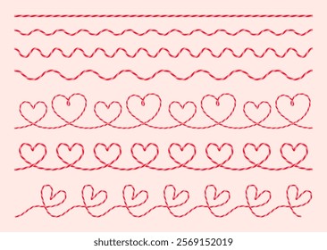 Set of hand drawn twisted cotton rope cord ribbon, candy stripe in the shape of heart. Elements for seamless pattern for Valentine's day. Packing string, pink red rope bakers twine. Flat vector EPS10