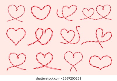 Set of hand drawn twisted cotton rope cord ribbon, candy stripe in the shape of heart. Isolated element for birthday, valentine's day. Packing string, pink red rope bakers twine. Flat Vector EPS10