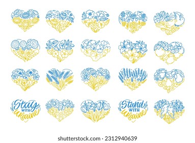 Set of hand drawn Ukraine heart decorative with flowers, fruits and birds for ukranian designs