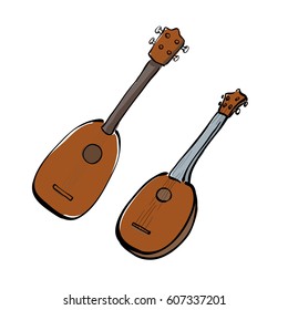 Set of hand drawn ukuleles. Front and side view. 
