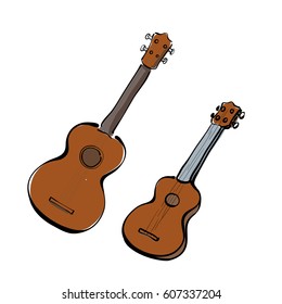 Set of hand drawn ukuleles. Front and side view. 