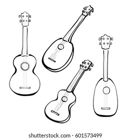 Set of hand drawn ukuleles in sketchy style. Front and side view. Different forms.