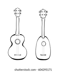 Set of hand drawn ukuleles in sketchy style. Front view. Different forms.