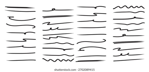 set hand drawn underline highlighter marker strokes swoops waves brush marks abstract doodle vector.
