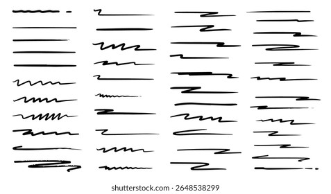 Set of hand drawn underline isolated on a white or transparent background, vector illustration. Collection of sketchy strokes, pen marks, ink lines, scribbles, highlights, and grunge accents.