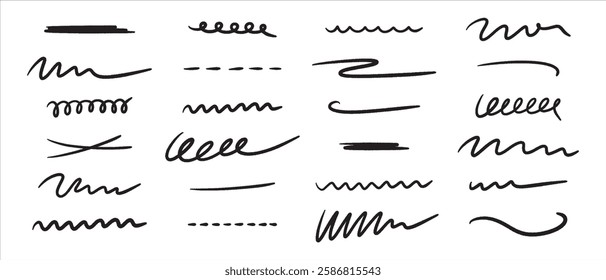 Set of hand drawn underlines. Abstract doodle lines, marker drawing stripes for design. Elements collection isolated on white background.