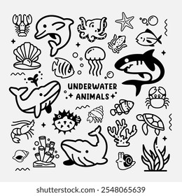 Set of hand drawn underwater animals cartoon doodle bundle coloring