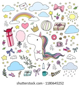 Set of hand drawn Unicorn and a lot of happy elements in doodle style. Vector illustration.