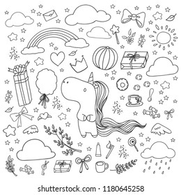 Set of hand drawn Unicorn and a lot of happy elements in doodle style. Vector illustration.