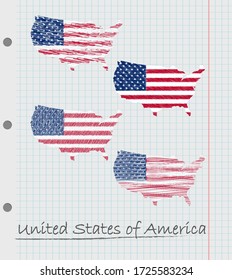 Set Of Hand Drawn United States Of America Map With The Flag.