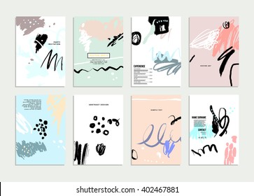 Set of Hand Drawn Universal Cards. Design for Flyers, Placards, Posters, Invitations, Brochures. Artistic Creative Templates. Abstract Modern Style