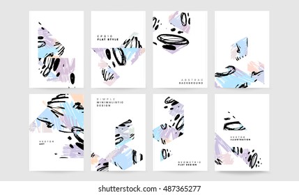 Set von handgezeichneten Universalkarten. Design für Flyer, Plakate, Poster, Einladungen, Broschüren. Künstlerische Kreative Vorlagen. Abstrakter moderner Stil