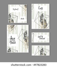 Set of Hand Drawn Universal Cards with tropical palm leaf and polka dots texture. Design for Flayers, Placards, Posters, Invitations, Brochures. Artistic Creative Templates. Abstract Modern Style