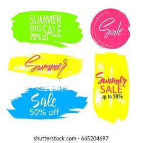 Set of hand drawn universal colorful circles signs, badges, stickers, backgrounds for advertising, text, business, promotion. Summer hand written lettering