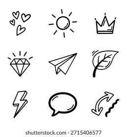 Conjunto de ícones desenhados à mão da linha universal para Web e design