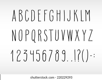 Set of hand drawn uppercase letters, numbers and punctuation marks.