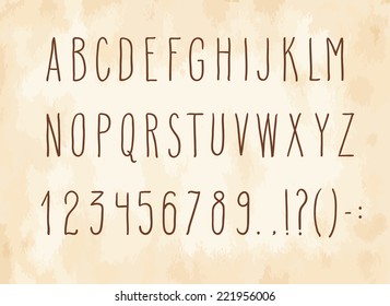 Set of hand drawn uppercase letters, numbers and punctuation marks over vintage paper.