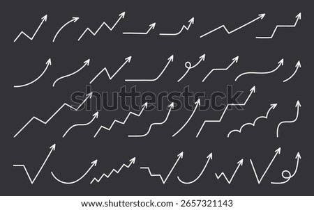 Set of hand drawn upward pointing arrows showing growth, progress and positive trends, dark background, vector eps10 illustration