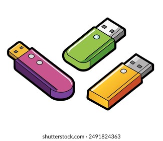 Set of hand drawn USB flash drives. Cartoon style vector illustration.