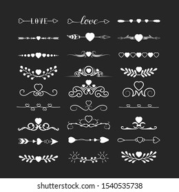 Set of hand drawn valentine dividers for wedding and love cards. Vector isolated romantic calligraphic text underlines with hearts.