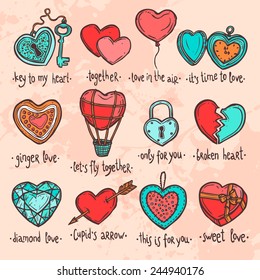 set of hand drawn valentine objects in the form of heart  with funny text
