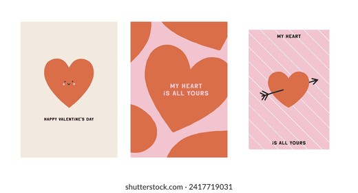 Juego de cartas de San Valentín con corazones adorables. Plantilla moderna de bienvenida. Bonita ilustración vectorial para vacaciones románticas, diseño de San Valentín, impresiones festivas. Afiches encantadores. Conjunto de amor