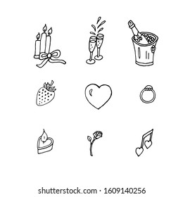 Set of hand drawn Valentine's day. Candles, champagne bottle, glasses, heart, rose, ring, celebration decor. Isolated on white background. Doodle vector illustration.