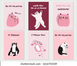 Set of hand drawn Valentine's day greeting cards with lettering and cute different Cats characters. I love you, be my valentine concept, 14 febrary, you are awesome. Vector postcard collection