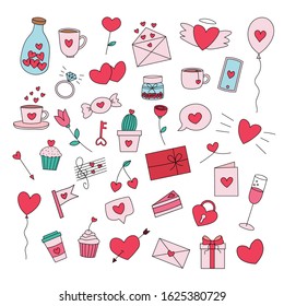 Set of hand drawn Valentine's day flat vector icons isolated on a white background.Valentine's day doodles.Hearts,mugs,flowers,cupcakes,drinks,letters,balloons,lock,messages icons.