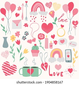 Set handgezeichnete Valentinstag flache Vektorsymbole einzeln auf weißem Hintergrund.Valentinstag Doodles.Liebe, Ballons, Brief, Smartphone, Anhänger, Schlüsselkette Herz, Freundschaft, Blumen, Ring.