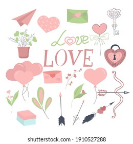 Set of hand drawn Valentine's day flat vector icons isolated on a white background.Valentine's day doodles.Hearts,mugs,flowers, letters,balloons,lock,messages icons.