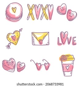 Set of hand drawn Valentine's day objects. Vector elements isolated on a white background. Doodles of hearts, cake, mug, xoxo, candy, letter icons.
