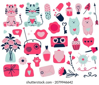 Set of hand drawn Valentines day elements. Cats, tigers, Hearts, vases, flowers, cupcake, letters, key, arrows, messages icons. Vector illustration in simple style, isolated on a white background