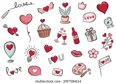 Juego de iconos vectoriales planos del día de San Valentín dibujados a mano. Doodles de San Valentín. Gran conjunto de elementos románticos para el día de San Valentín.