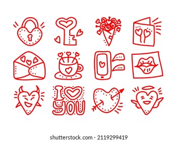 Set of hand drawn Valentines day Doodle vector icons. Valentine day Love Hearts, mug, flowers, mobile phone, lips, letters, angel, lock, demon, messages icons.