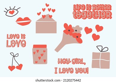 Juego de stickers de vectores del día de San Valentín dibujados a mano. Adoro los garabatos con colores rojo y arena. Corazones, flores, bebidas, letras, labios, mensajes, giftbox, iconos de cerezo.