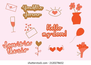Juego de stickers de vectores del día de San Valentín dibujados a mano. Adoro los garabatos con colores rojo y marrón. Corazones, flores, bebidas, letras, labios, mensajes, giftbox, iconos de cerezo.