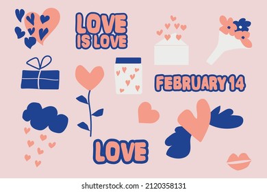 Set of hand drawn Valentine's day  vector sticker. Love doodles with coral and blue colors. Hearts,  flowers, drinks, letters, lips,  messages, giftbox, cherry icons.