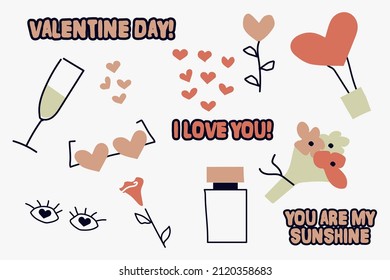 Set of hand drawn Valentine's day  vector sticker. Love doodles with pastel colors. Hearts,  flowers, drinks, letters, lips,  messages, giftbox, cherry icons.