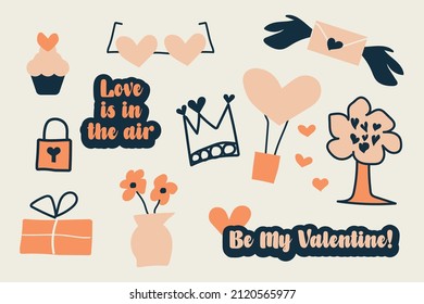 Set of hand drawn Valentine's day  vector sticker. Love doodles with peach, and dark blue colors. Illustration about heart,  flower, letters, messages, giftbox, cupcake.